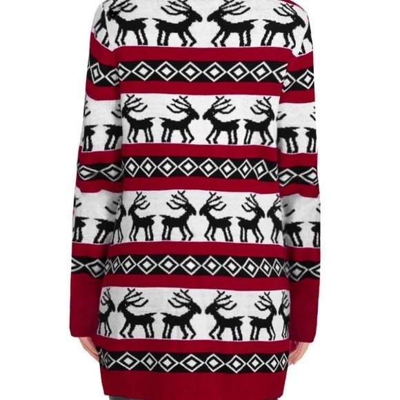 Red Christmas Elk Print Buttoned V Neck Knitted Sweater - Picture 4 of 11